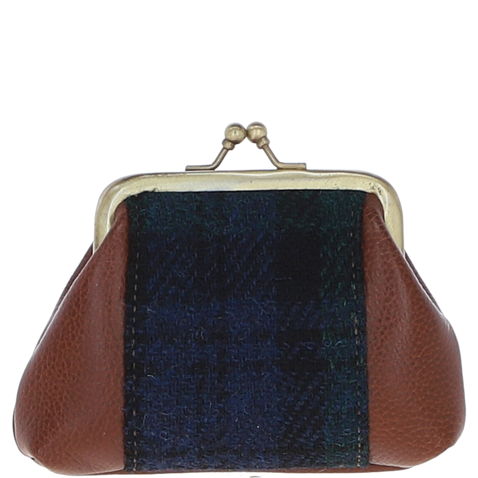 Ashwood Leather & Harris Tweed® Cloth Classic kiss-lock Purse Tan/Watch: TW-13-04-TW