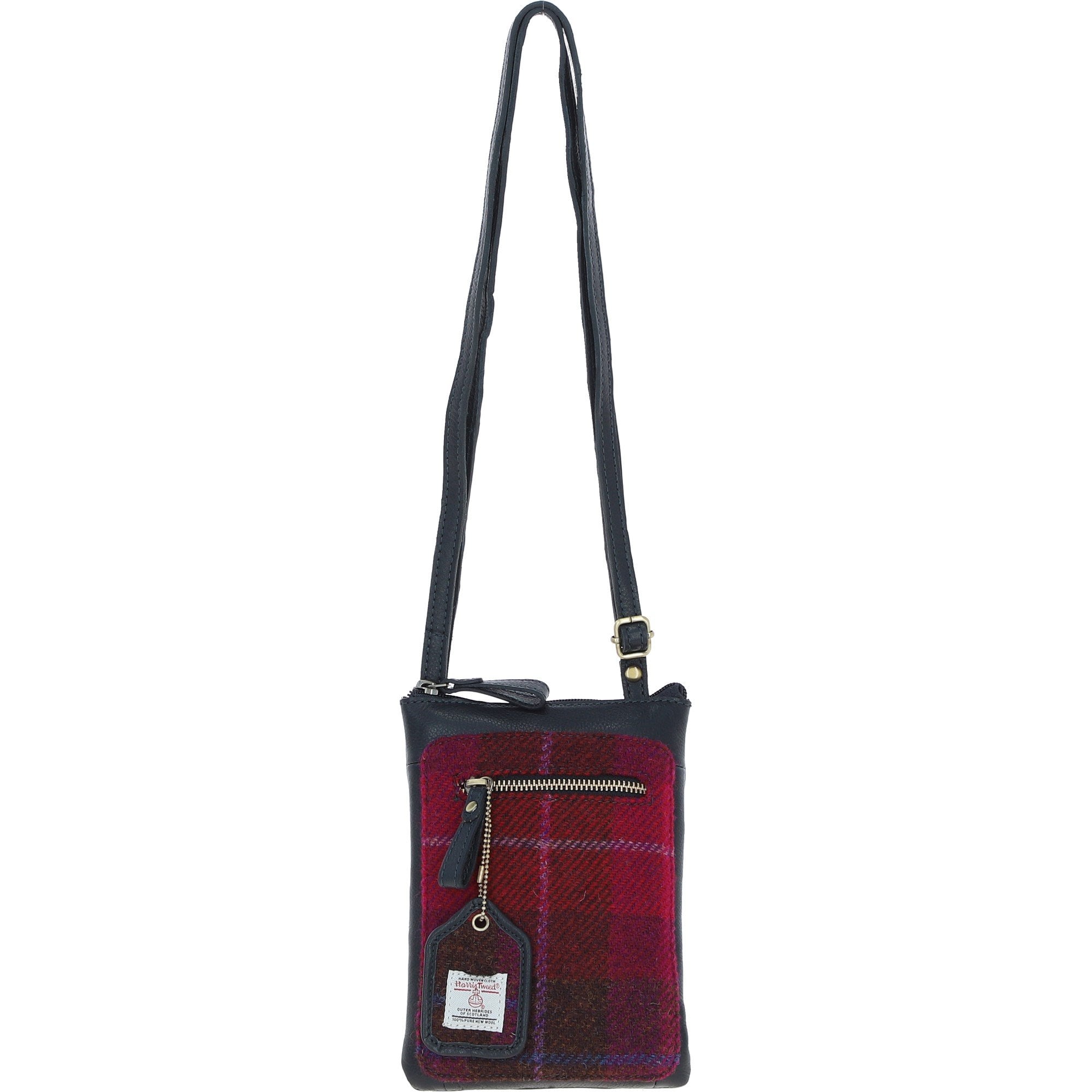 Authentic Ashwood Leather & Harris Tweed® Cloth Crossbody Bag Navy/Pink: TW-29-06-NP
