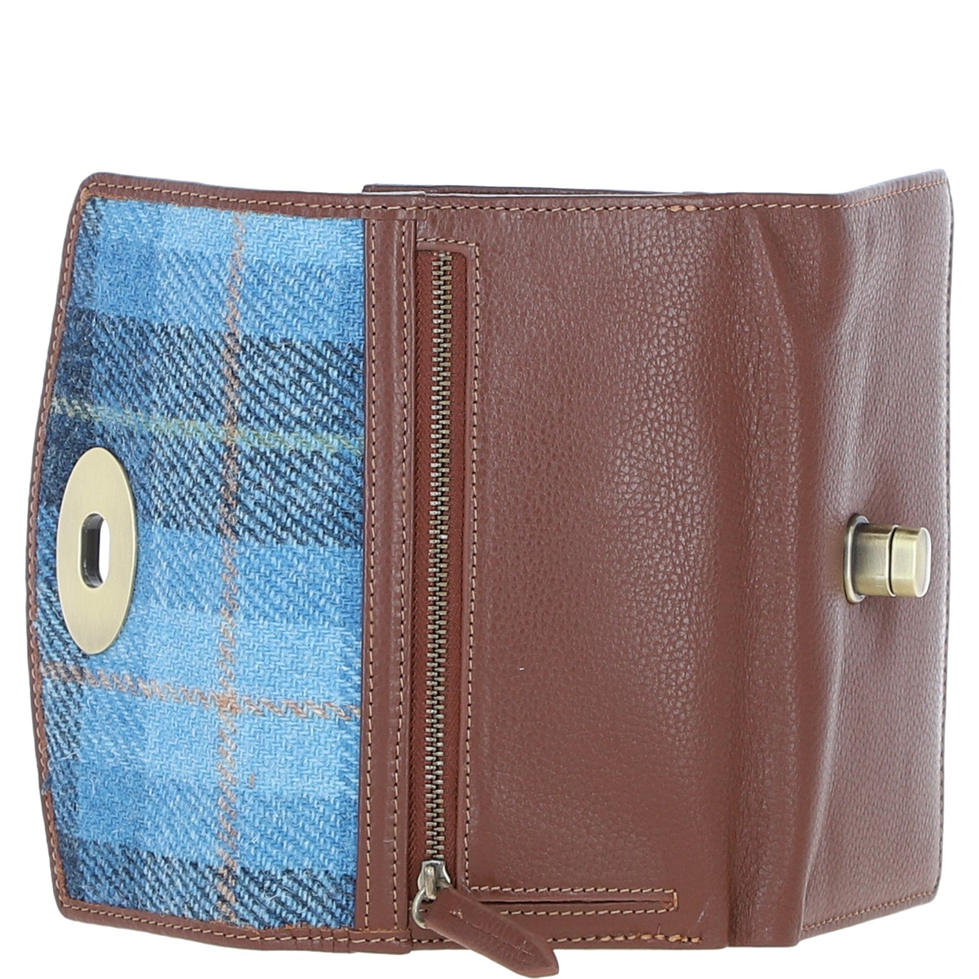 Exquisite Ashwood Leather & Harris Tweed® Cloth Twist-Lock Purse Tan/TL Blue: TW-11-05-TB