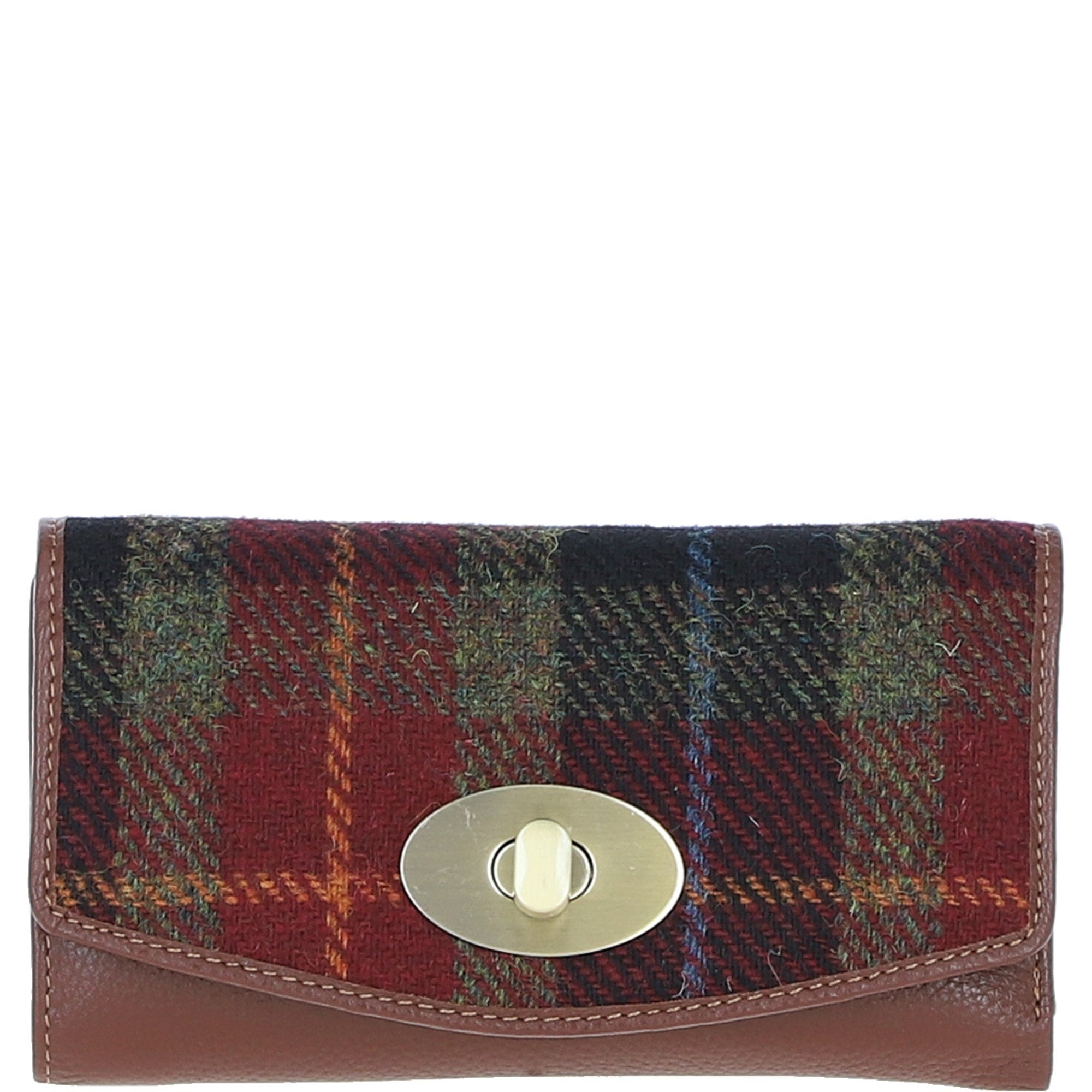 Exquisite Ashwood Leather & Harris Tweed® Cloth Twist-Lock Purse Tan/Green/Red: TW-11-08-TR