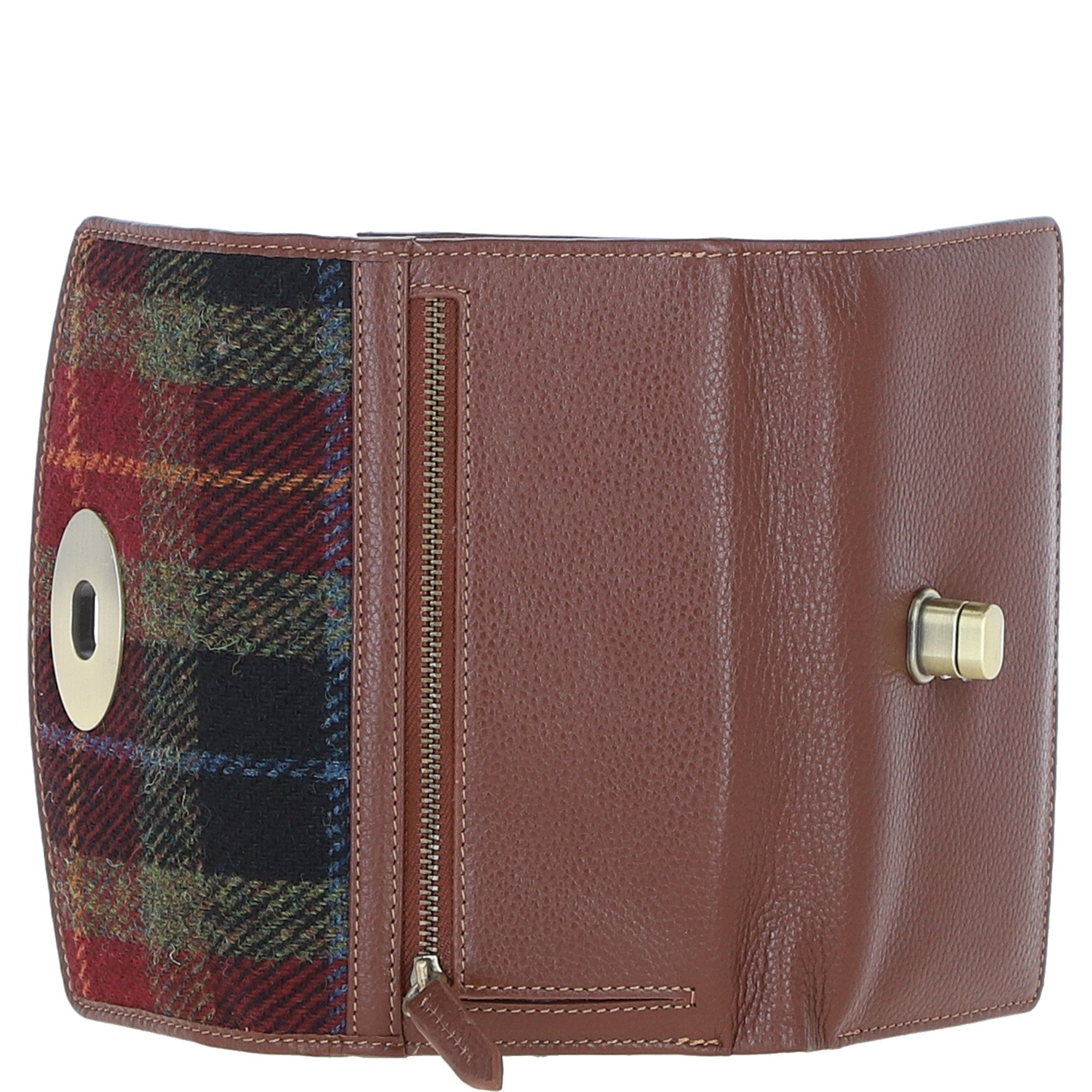 Exquisite Ashwood Leather & Harris Tweed® Cloth Twist-Lock Purse Tan/Green/Red: TW-11-08-TR