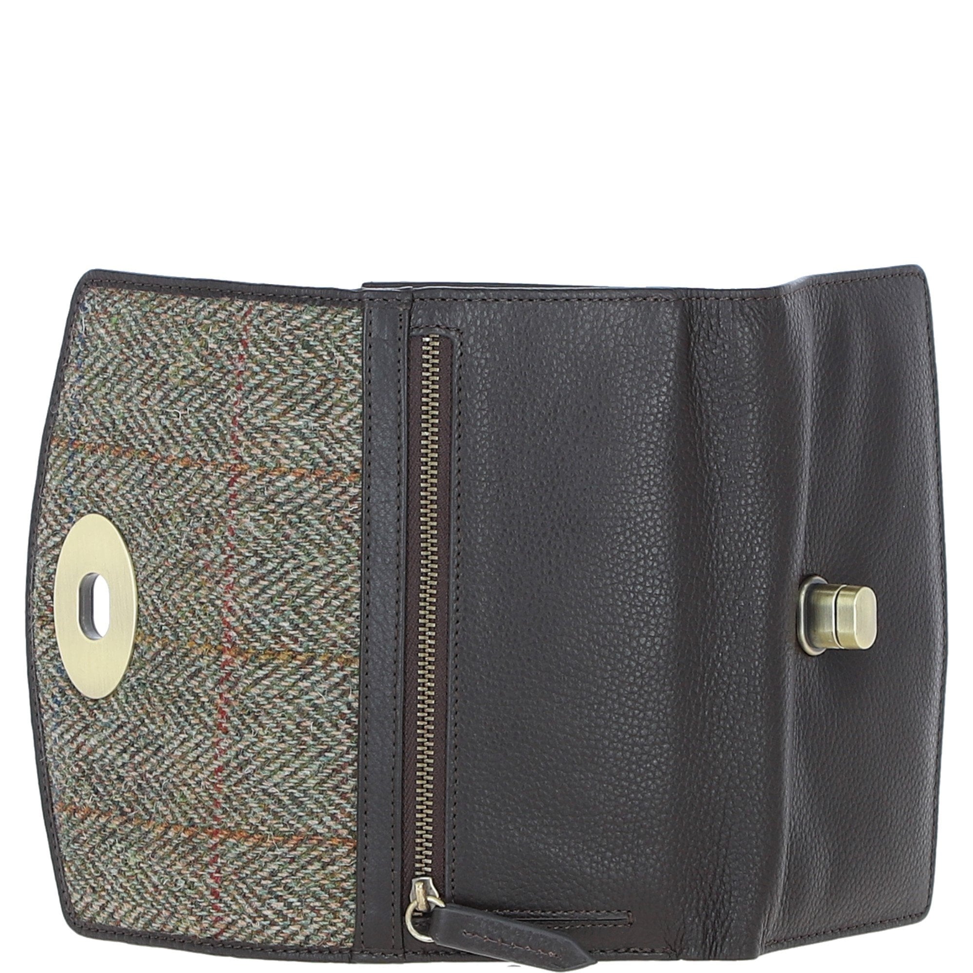 Exquisite Ashwood Leather & Harris Tweed® Cloth Twist-Lock Purse Brown/Green: TW-11-09-BG