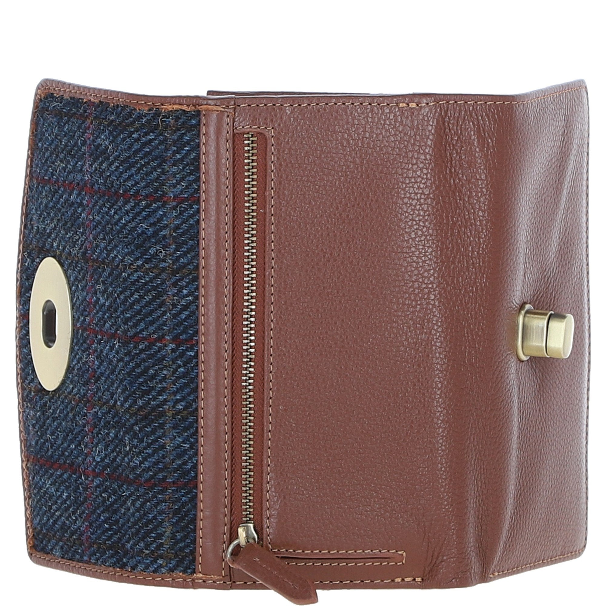 Exquisite Ashwood Leather & Harris Tweed® Cloth Twist-Lock Purse Tan/Navy: TW-11-11-TN