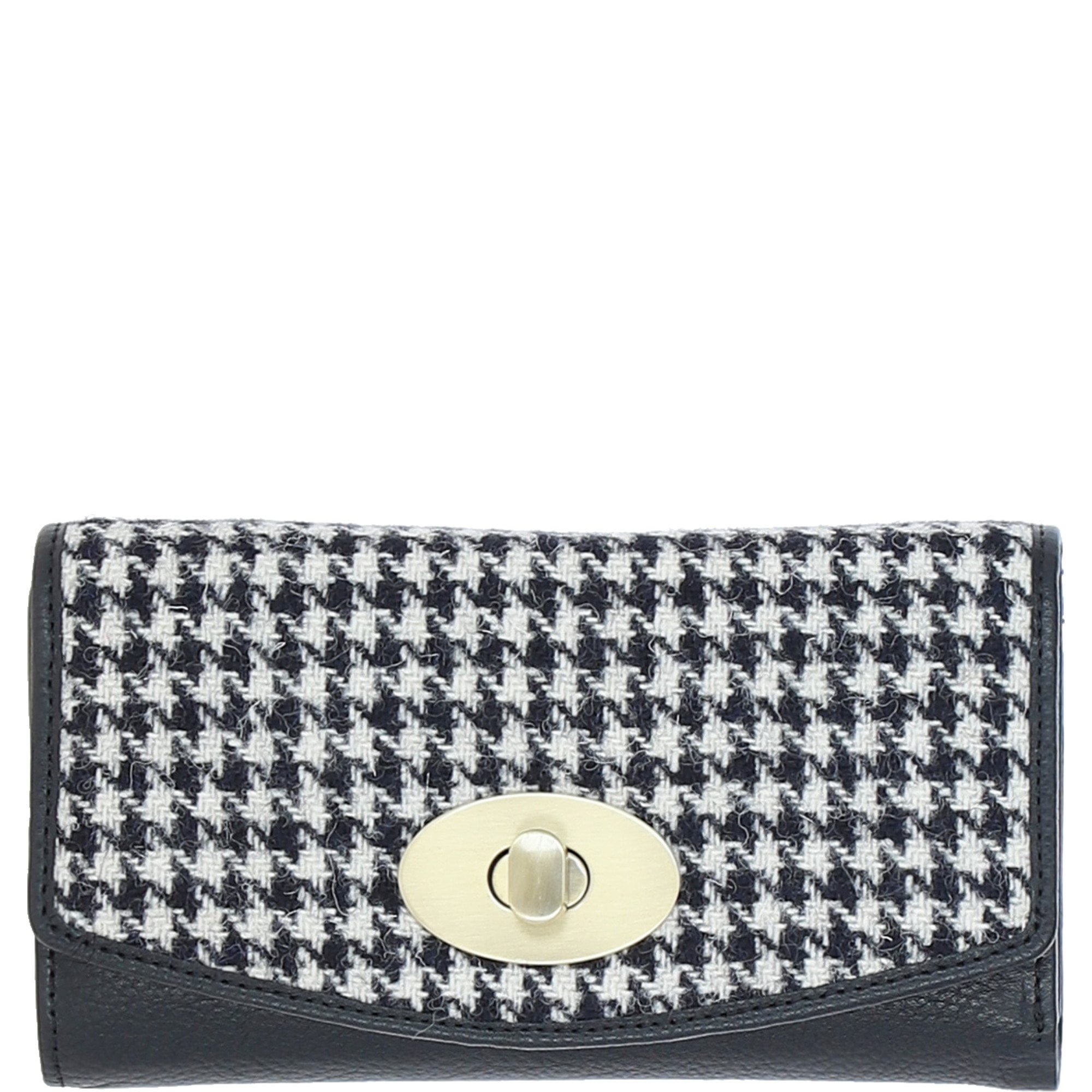 Exquisite Ashwood Leather & Harris Tweed® Cloth Twist-Lock Purse Black/White: TW-11-12-BW