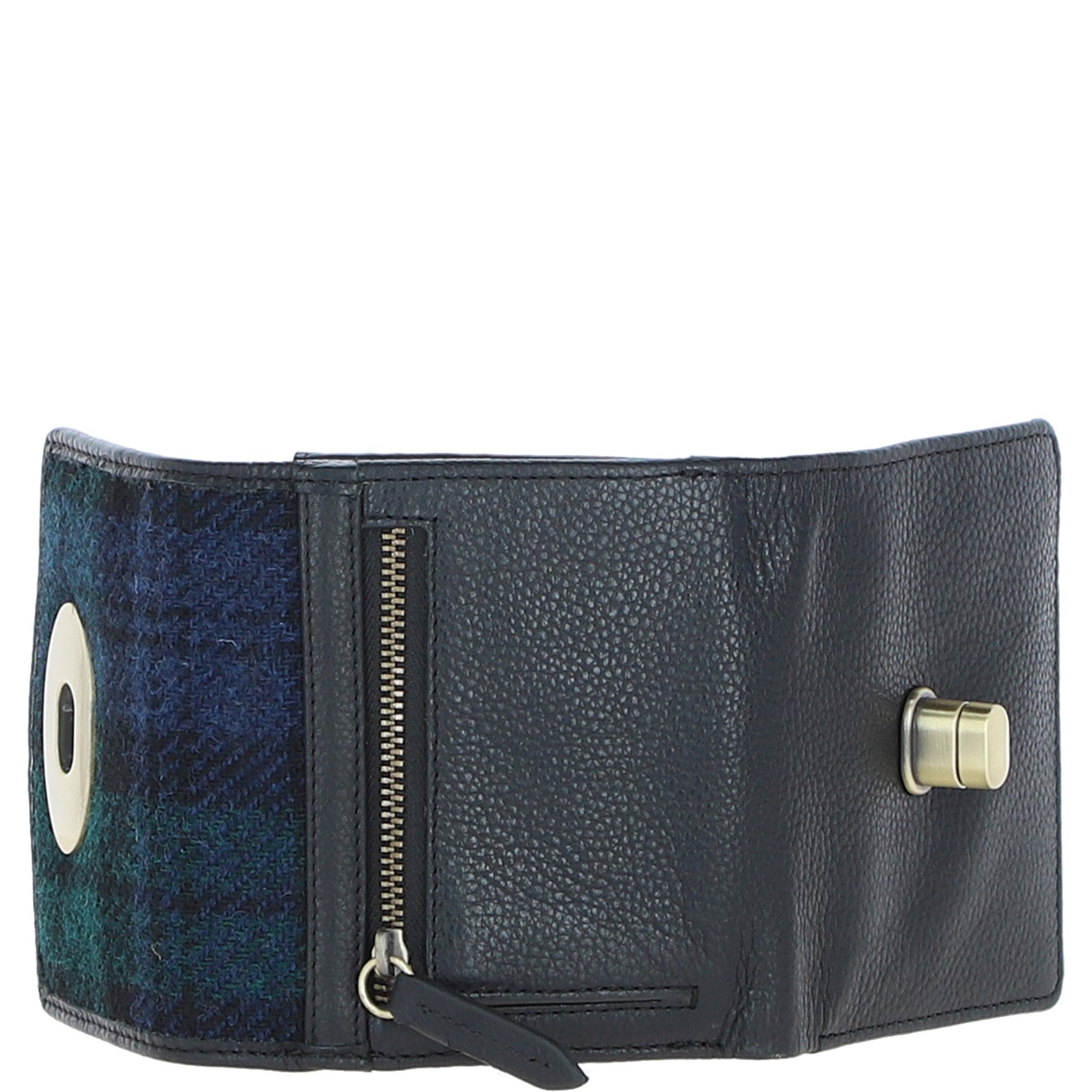 Elegant Ashwood Leather & Harris Tweed® Cloth Trifold Twist-Lock Purse Black/Watch: TW-10-03-BW