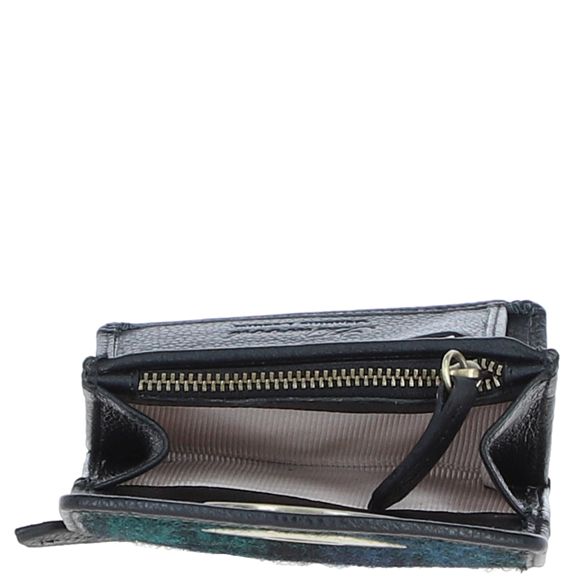 Elegant Ashwood Leather & Harris Tweed® Cloth Trifold Twist-Lock Purse Black/Watch: TW-10-03-BW