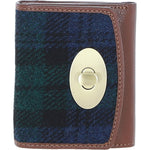 Elegant Ashwood Leather & Harris Tweed® Cloth Trifold Twist-Lock Purse Tan/Watch: TW-10-04-TW