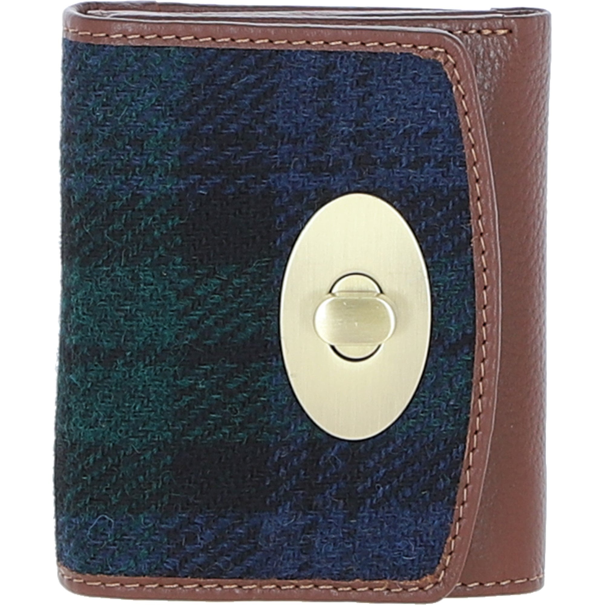 Elegant Ashwood Leather & Harris Tweed® Cloth Trifold Twist-Lock Purse Tan/Watch: TW-10-04-TW