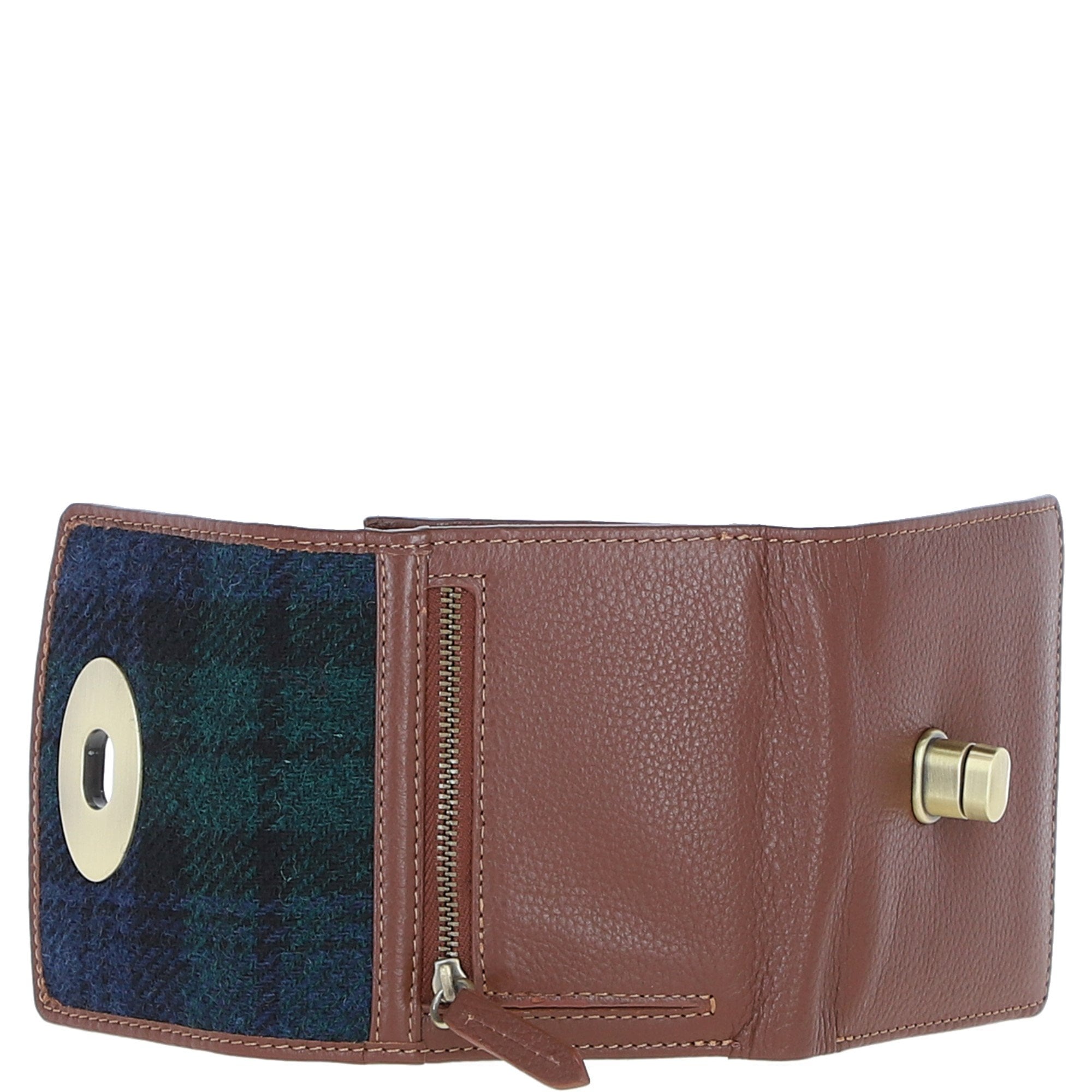 Elegant Ashwood Leather & Harris Tweed® Cloth Trifold Twist-Lock Purse Tan/Watch: TW-10-04-TW