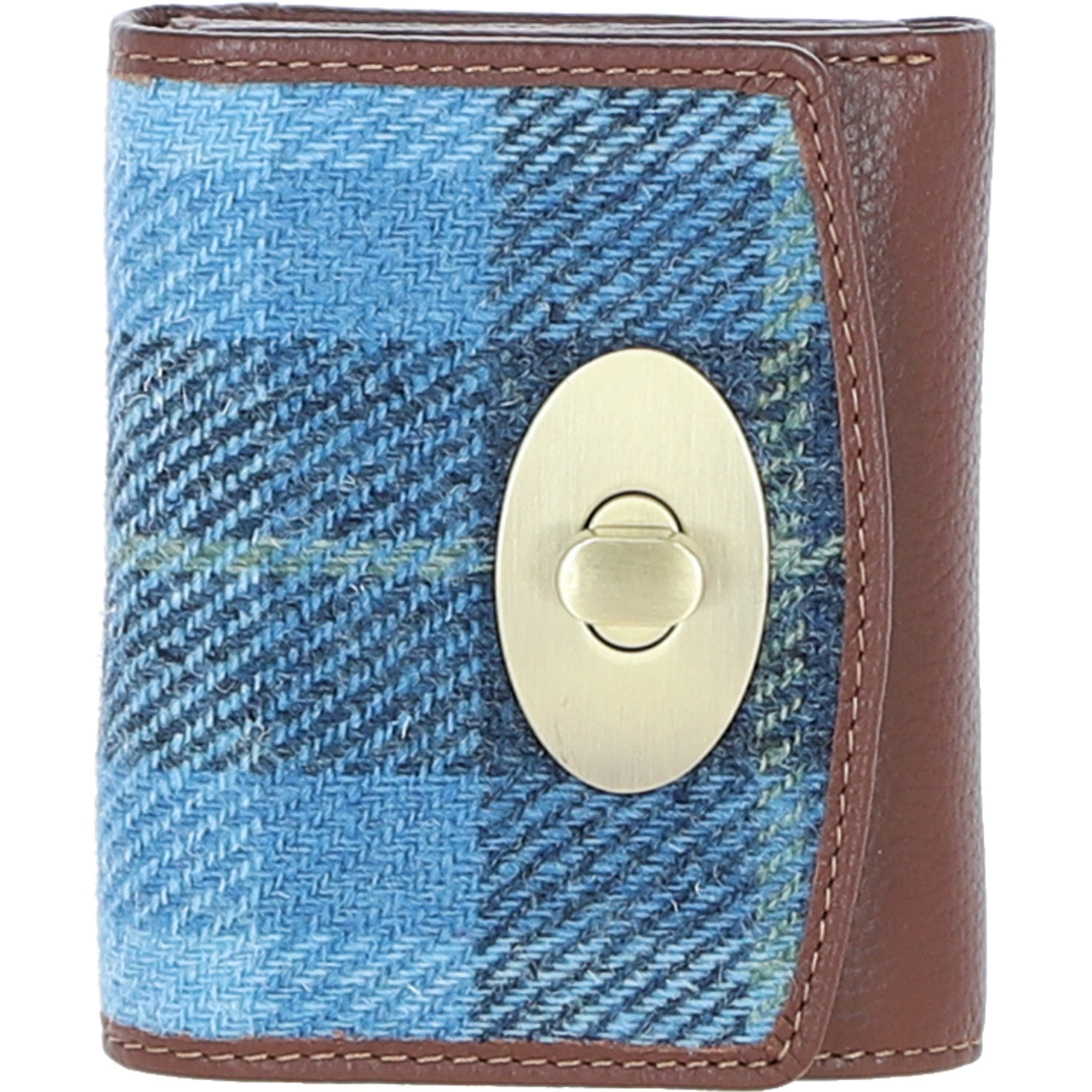 Elegant Ashwood Leather & Harris Tweed® Cloth Trifold Twist-Lock Purse Tan/TL Blue: TW-10-05-TB