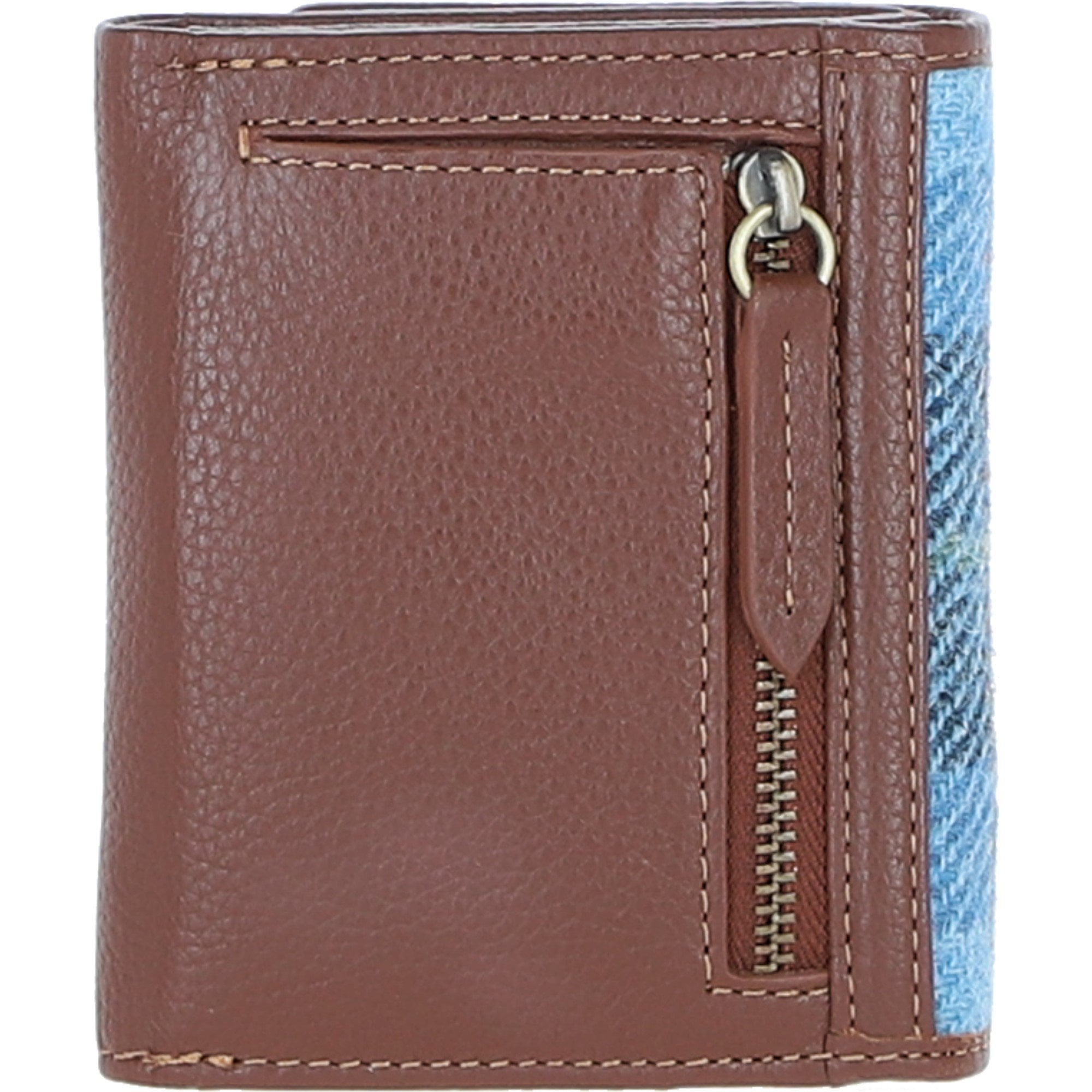 Elegant Ashwood Leather & Harris Tweed® Cloth Trifold Twist-Lock Purse Tan/TL Blue: TW-10-05-TB