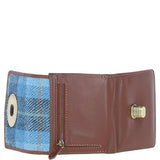 Elegant Ashwood Leather & Harris Tweed® Cloth Trifold Twist-Lock Purse Tan/TL Blue: TW-10-05-TB