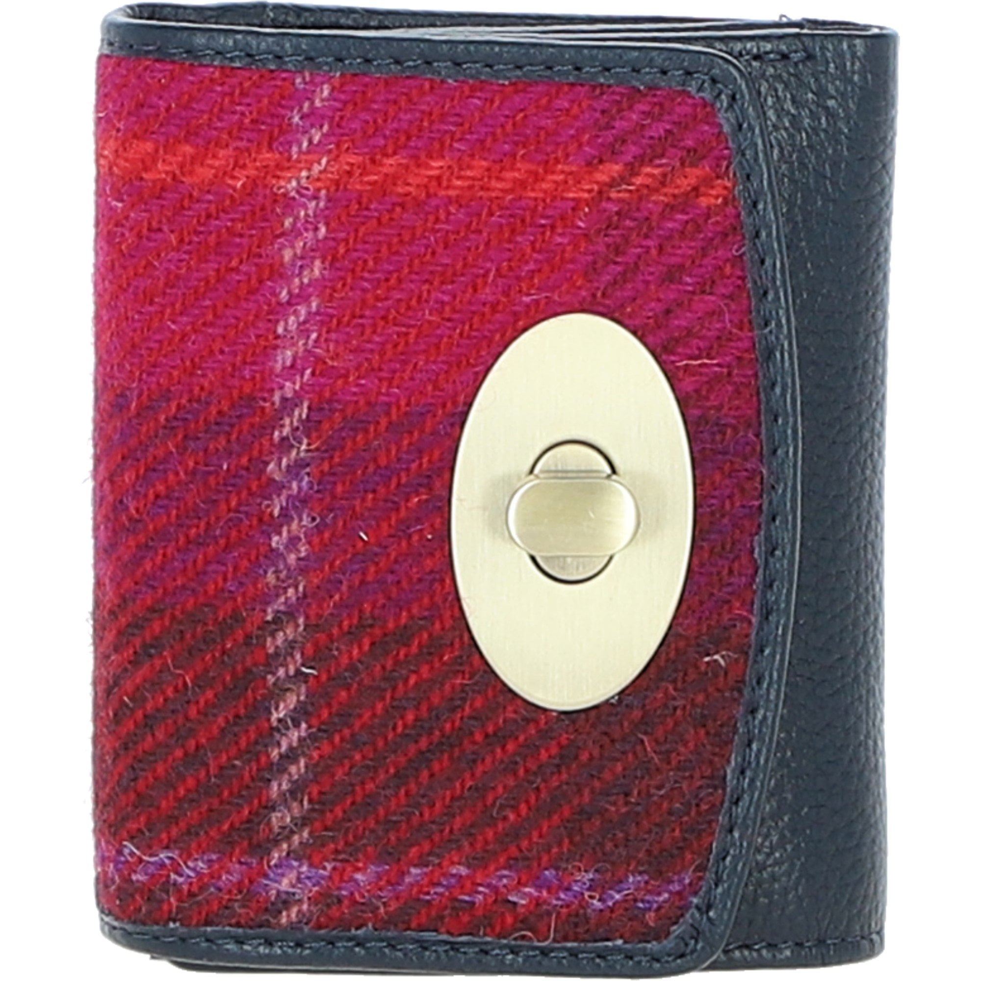 Elegant Ashwood Leather & Harris Tweed® Cloth Trifold Twist-Lock Purse Navy/Pink: TW-10-06-NP