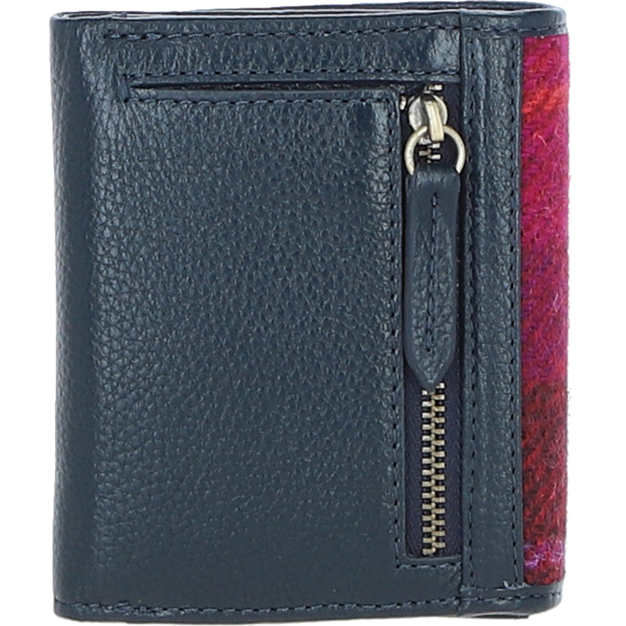 Elegant Ashwood Leather & Harris Tweed® Cloth Trifold Twist-Lock Purse Navy/Pink: TW-10-06-NP