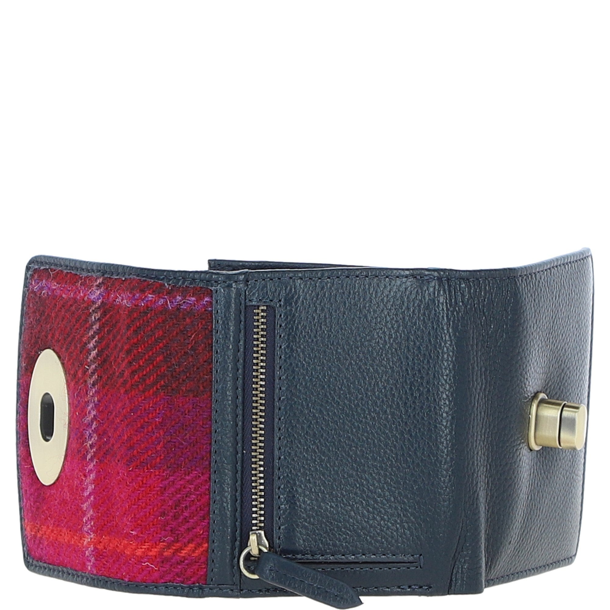 Elegant Ashwood Leather & Harris Tweed® Cloth Trifold Twist-Lock Purse Navy/Pink: TW-10-06-NP