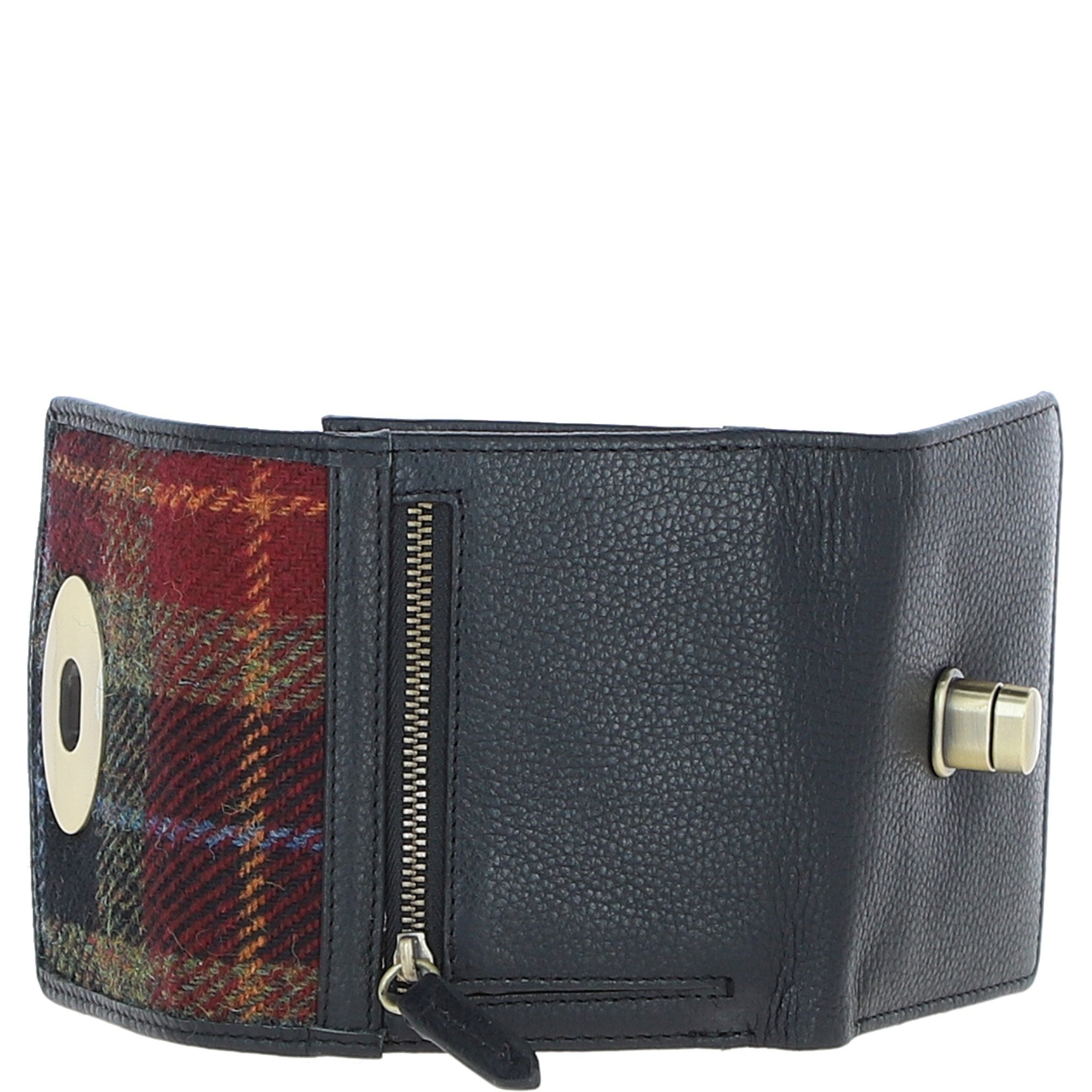 Elegant Ashwood Leather & Harris Tweed® Cloth Trifold Twist-Lock Purse Black/Green/Red: TW-10-07-BR