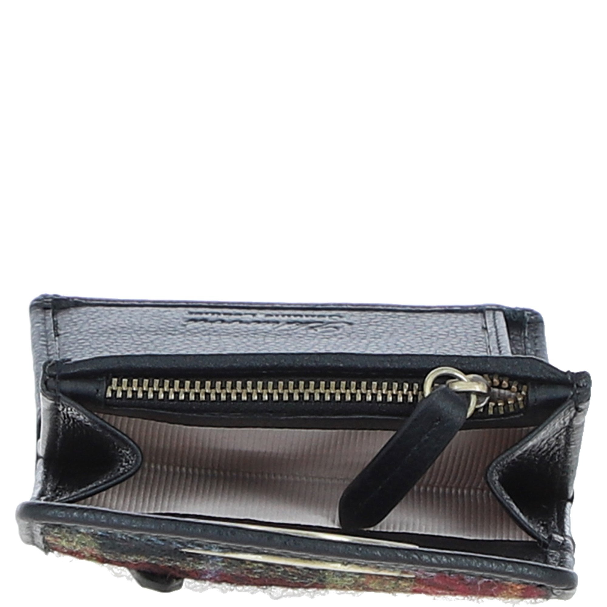 Elegant Ashwood Leather & Harris Tweed® Cloth Trifold Twist-Lock Purse Black/Green/Red: TW-10-07-BR