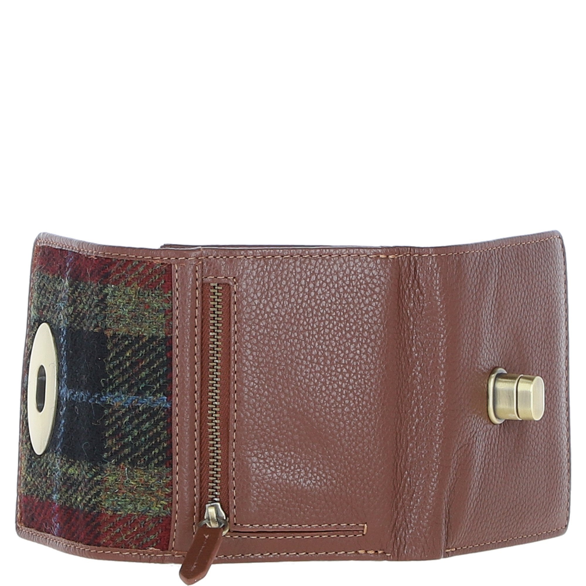 Elegant Ashwood Leather & Harris Tweed® Cloth Trifold Twist-Lock Purse Tan/Green/Red: TW-10-08-TR