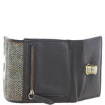 Elegant Ashwood Leather & Harris Tweed® Cloth Trifold Twist-Lock Purse Brown/Green: TW-10-09-BG