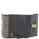 Elegant Ashwood Leather & Harris Tweed® Cloth Trifold Twist-Lock Purse Brown/Green: TW-10-09-BG