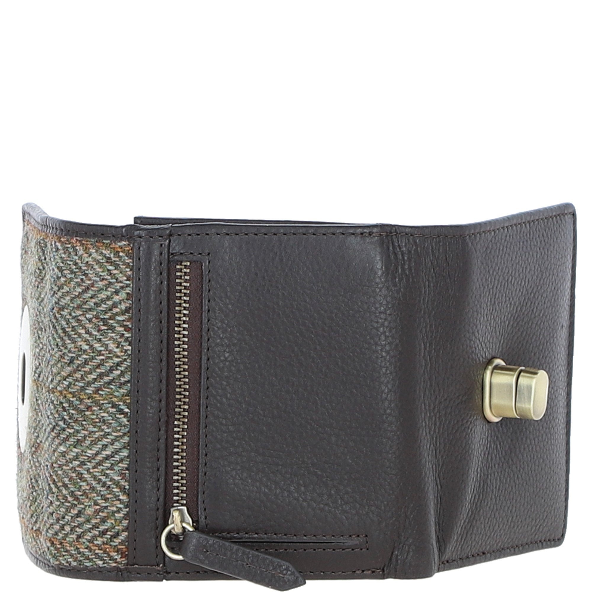 Elegant Ashwood Leather & Harris Tweed® Cloth Trifold Twist-Lock Purse Brown/Green: TW-10-09-BG