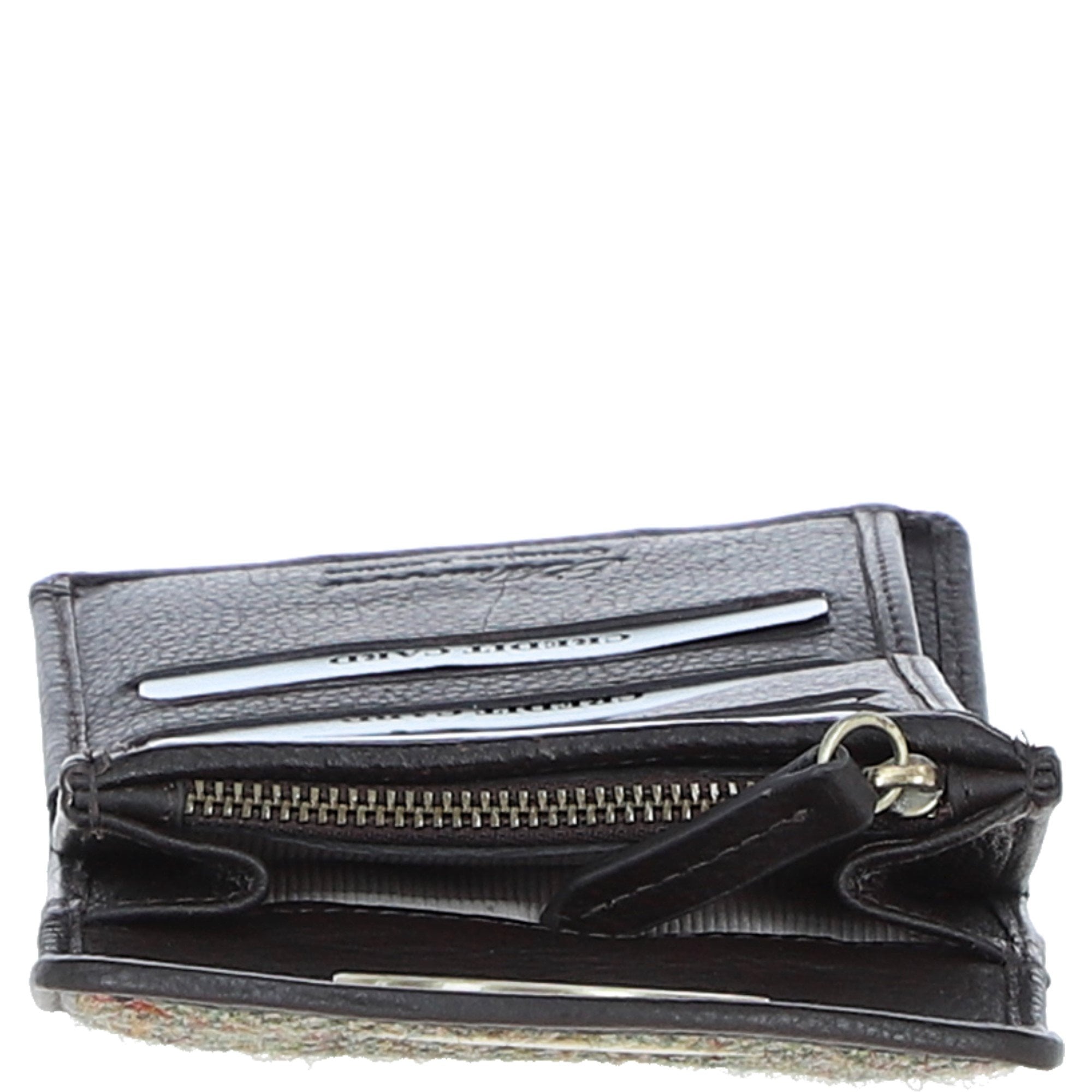 Elegant Ashwood Leather & Harris Tweed® Cloth Trifold Twist-Lock Purse Brown/Green: TW-10-09-BG