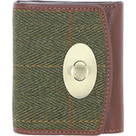 Elegant Ashwood Leather & Harris Tweed® Cloth Trifold Twist-Lock Purse Tan/Green Check: TW-10-10-TGNH