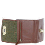 Elegant Ashwood Leather & Harris Tweed® Cloth Trifold Twist-Lock Purse Tan/Green Check: TW-10-10-TGNH
