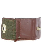 Elegant Ashwood Leather & Harris Tweed® Cloth Trifold Twist-Lock Purse Tan/Green Check: TW-10-10-TGNH