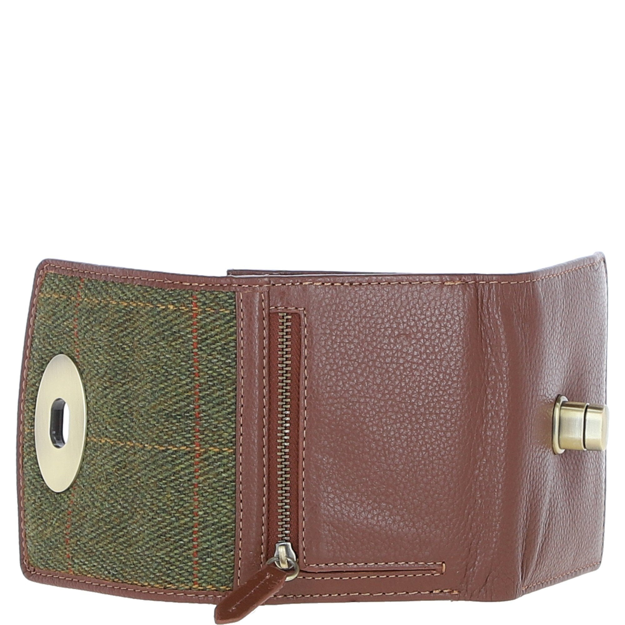 Elegant Ashwood Leather & Harris Tweed® Cloth Trifold Twist-Lock Purse Tan/Green Check: TW-10-10-TGNH