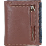 Elegant Ashwood Leather & Harris Tweed® Cloth Trifold Twist-Lock Purse Tan/Navy: TW-10-11-TN