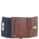 Elegant Ashwood Leather & Harris Tweed® Cloth Trifold Twist-Lock Purse Tan/Navy: TW-10-11-TN