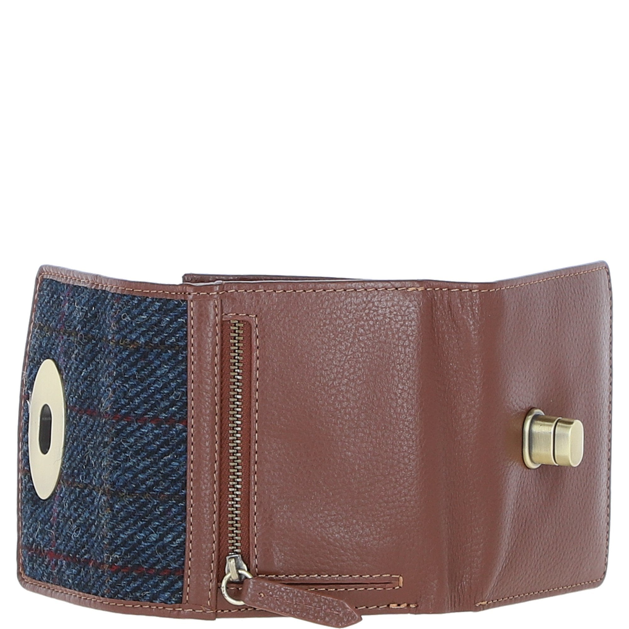 Elegant Ashwood Leather & Harris Tweed® Cloth Trifold Twist-Lock Purse Tan/Navy: TW-10-11-TN