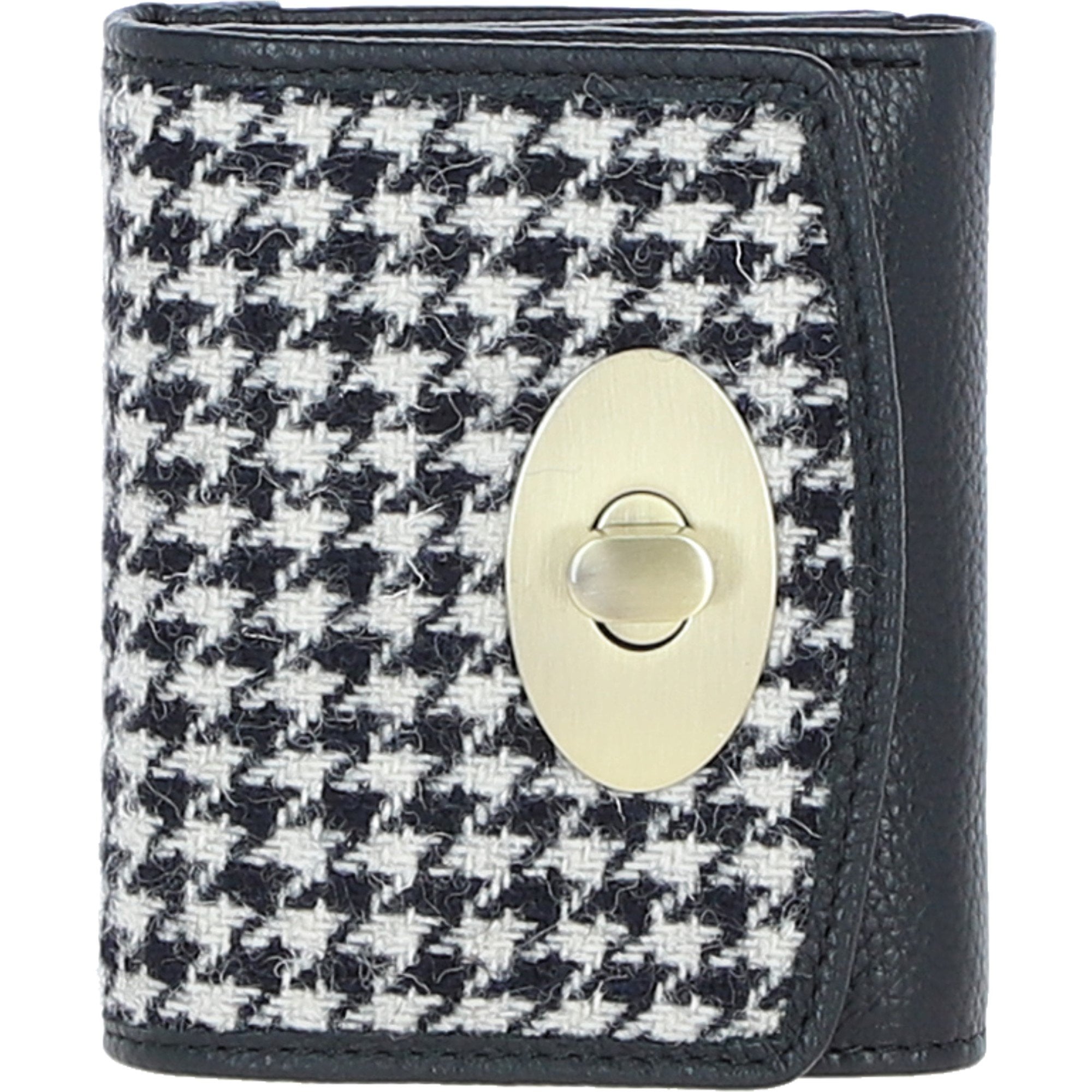 Elegant Ashwood Leather & Harris Tweed® Cloth Trifold Twist-Lock Purse Black/White: TW-10-12-BW
