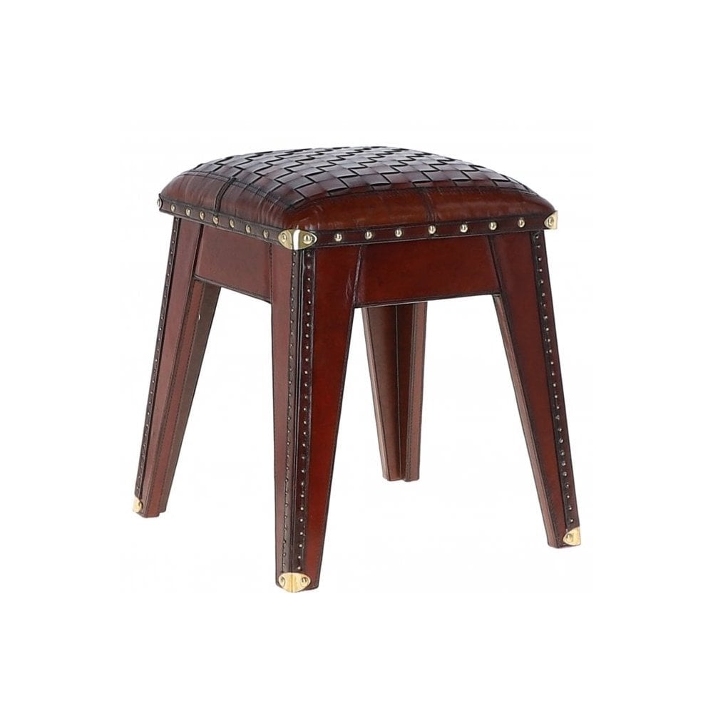 Leather Covered Wood Frame Vintage Woven Leather Stool Chestnut: LF-142
