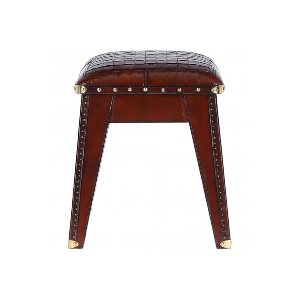 Leather Covered Wood Frame Vintage Woven Leather Stool Chestnut: LF-142