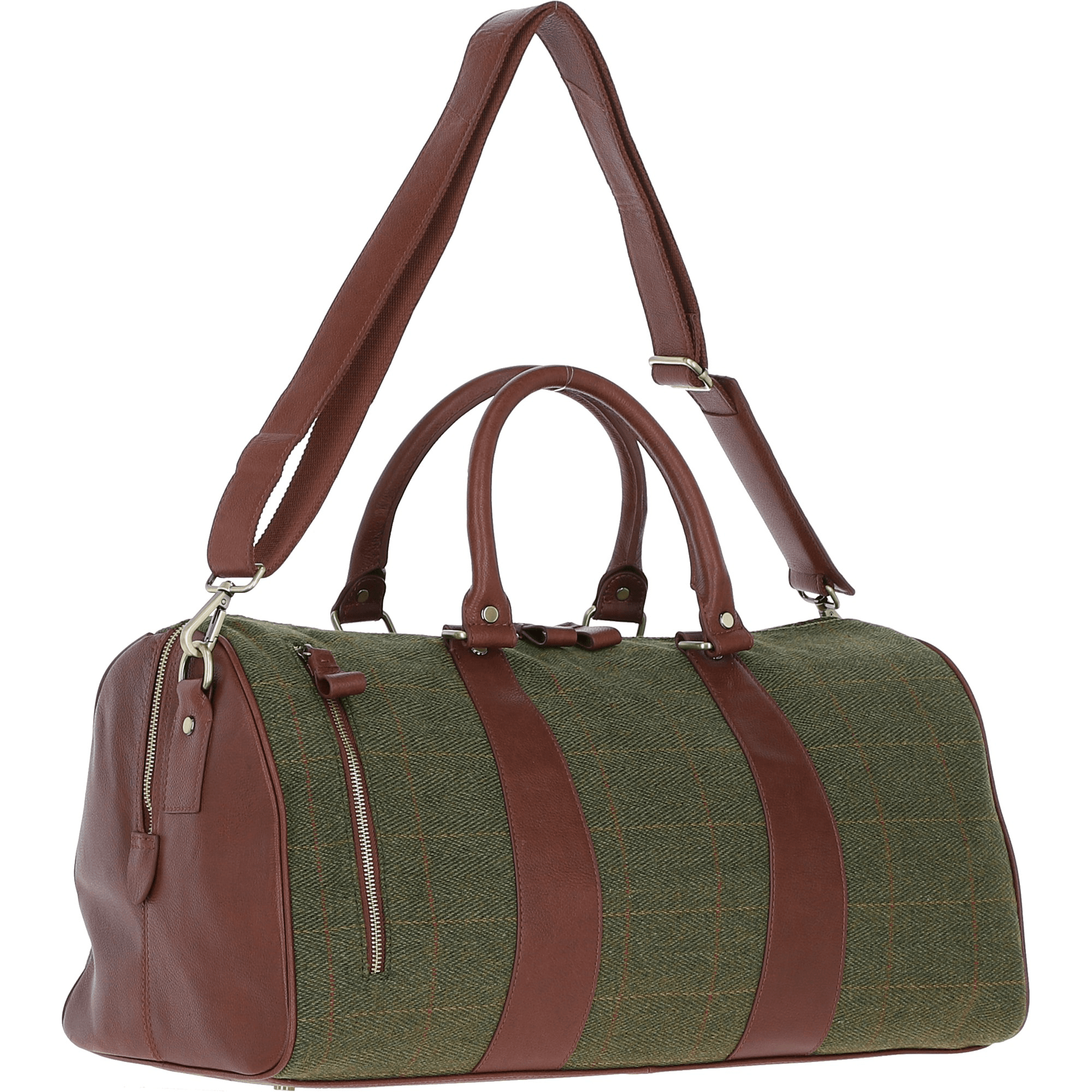 Ashwood Leather & Tweed Large Holdall Tan/Green Check: TW-47-10-TGNH