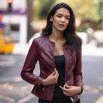 Women's Collarless Leather Fashion Jacket Oxblood: AWL-284
