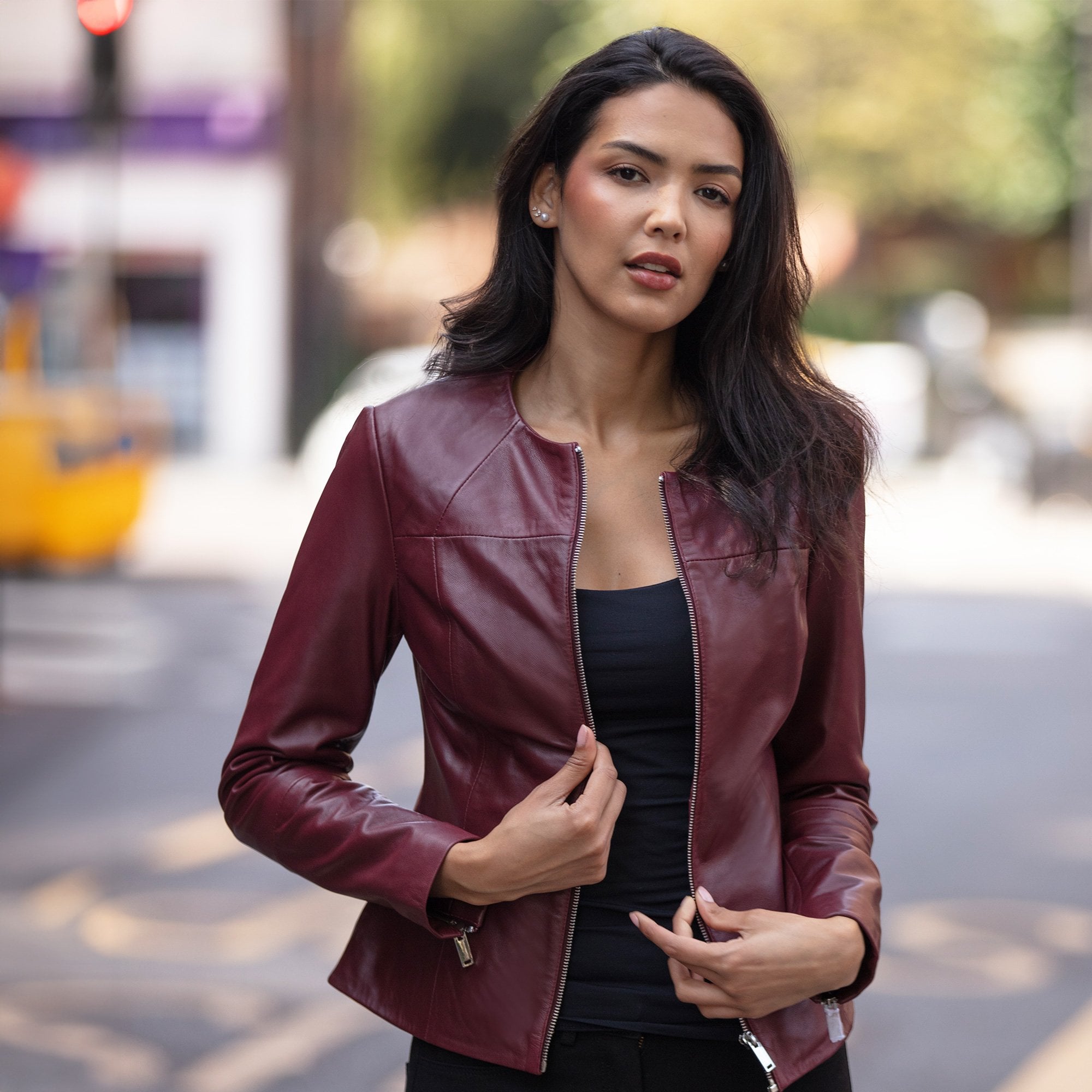 Women's Collarless Leather Fashion Jacket Oxblood: AWL-284