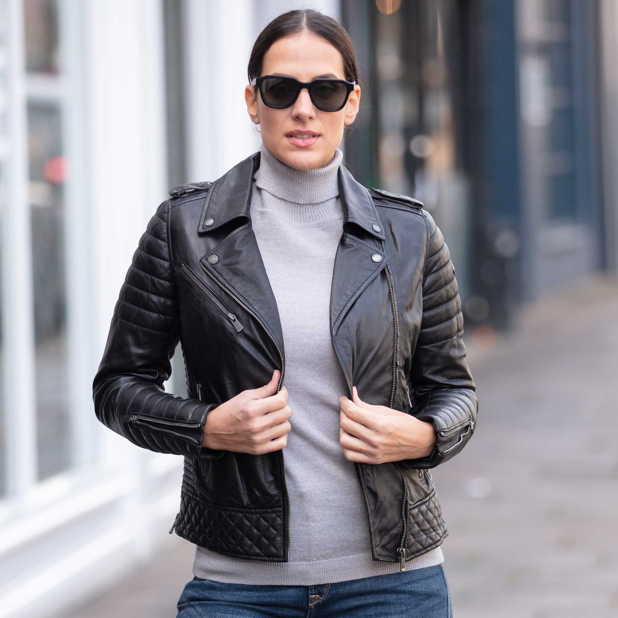 Women's Side Zip Leather Biker Jacket Black: 3054