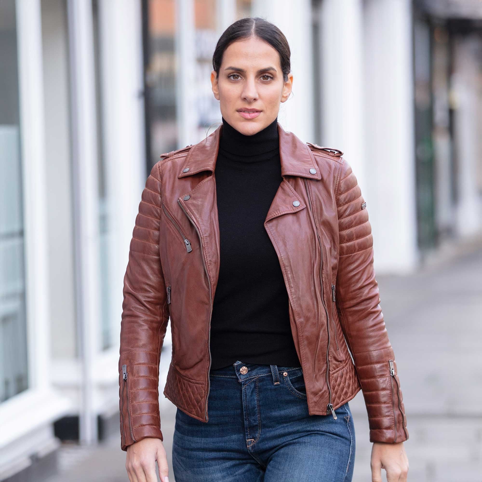 Women's Side Zip Leather Biker Jacket D.Cognac: 3054