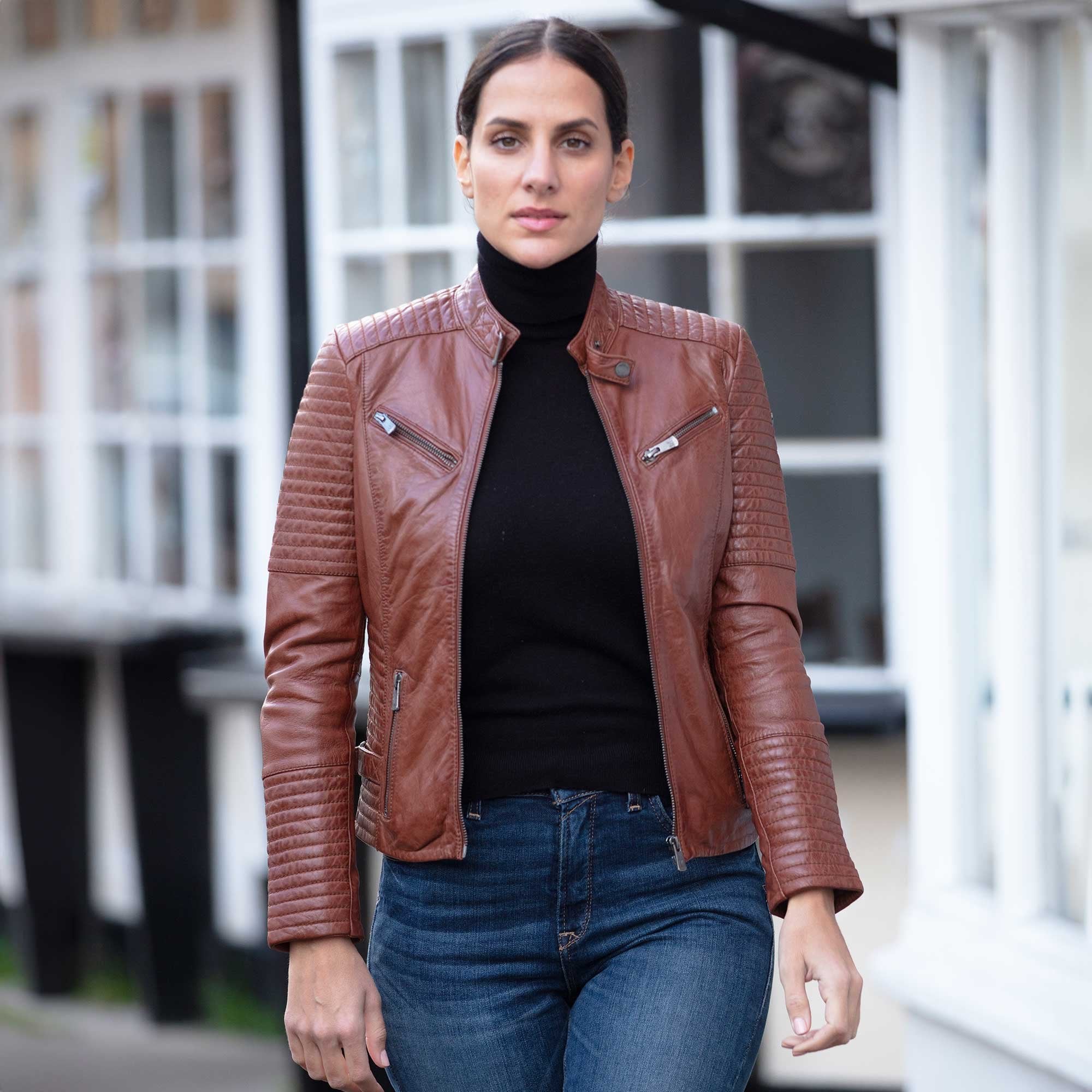 Women's Leather Biker Jacket Cognac: BikeX