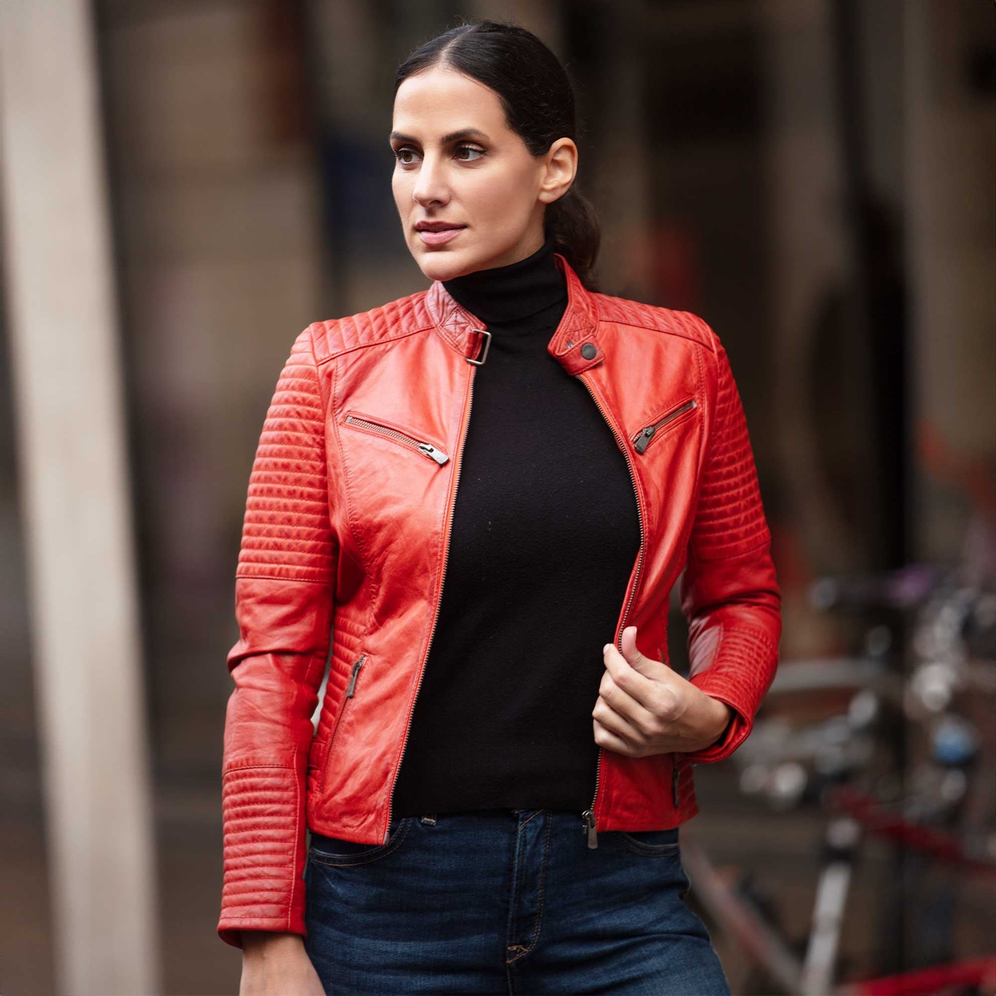 Women's Leather Biker Jacket Orange: BikeX
