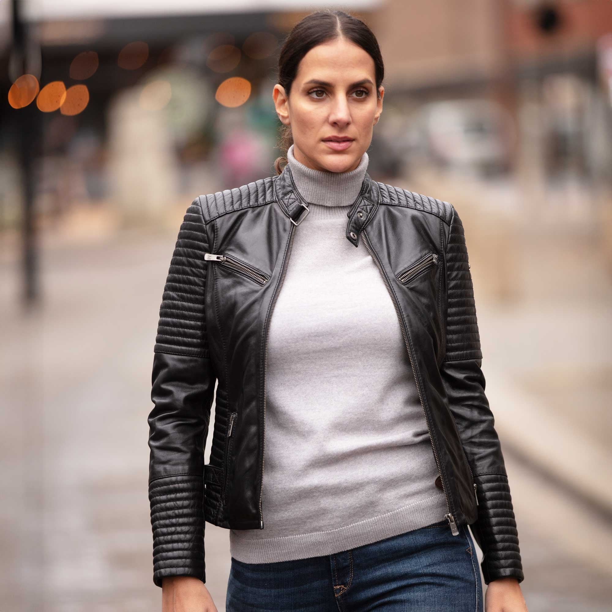 Women's Leather Biker Jacket Black: BikeX