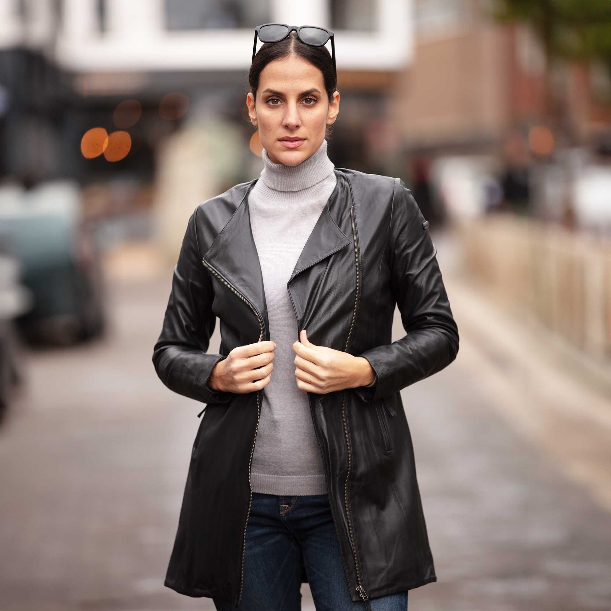 Ladies 3/4 Side Zip Leather Jacket Black: Aroma