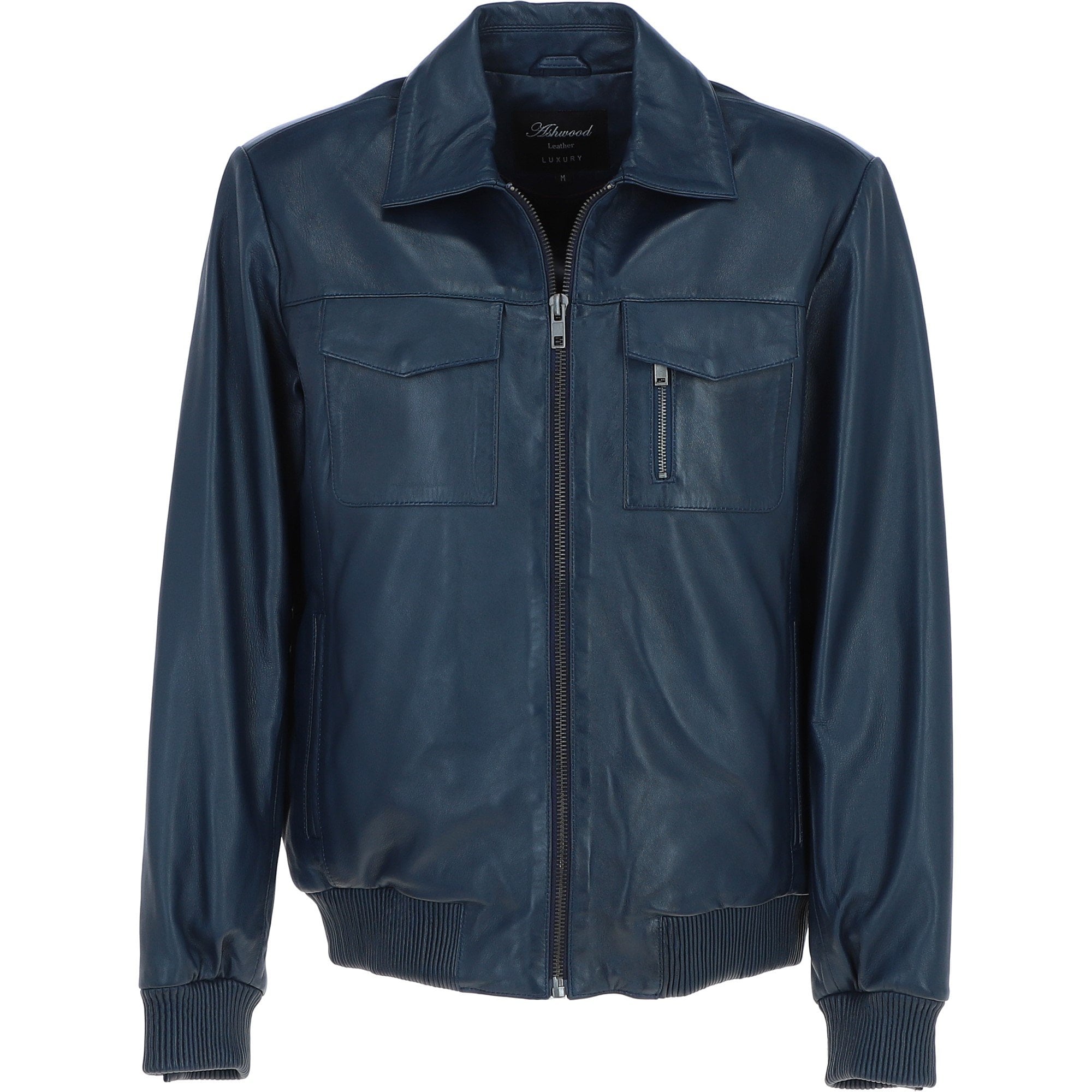 Real Leather Bomber Jacket With Brando Collar Navy: Prime Bomber