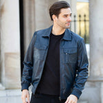 Real Leather Bomber Jacket With Brando Collar Navy: Prime Bomber