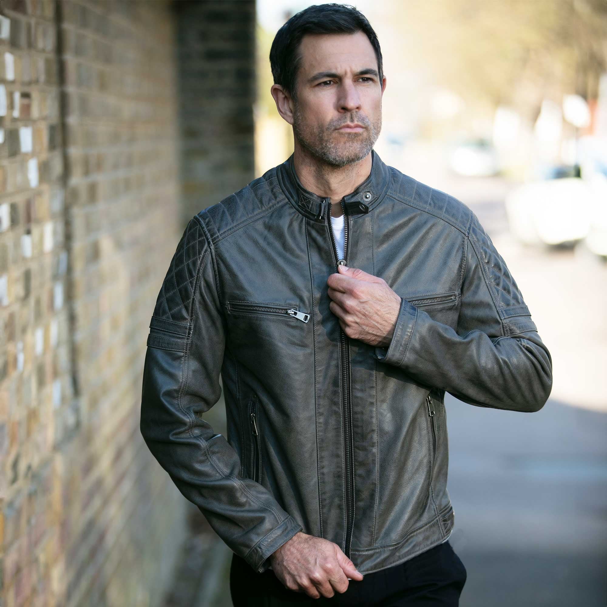 Ashwood Premium Leather Mens Vintage Biker Jacket Gray: AWM-N2