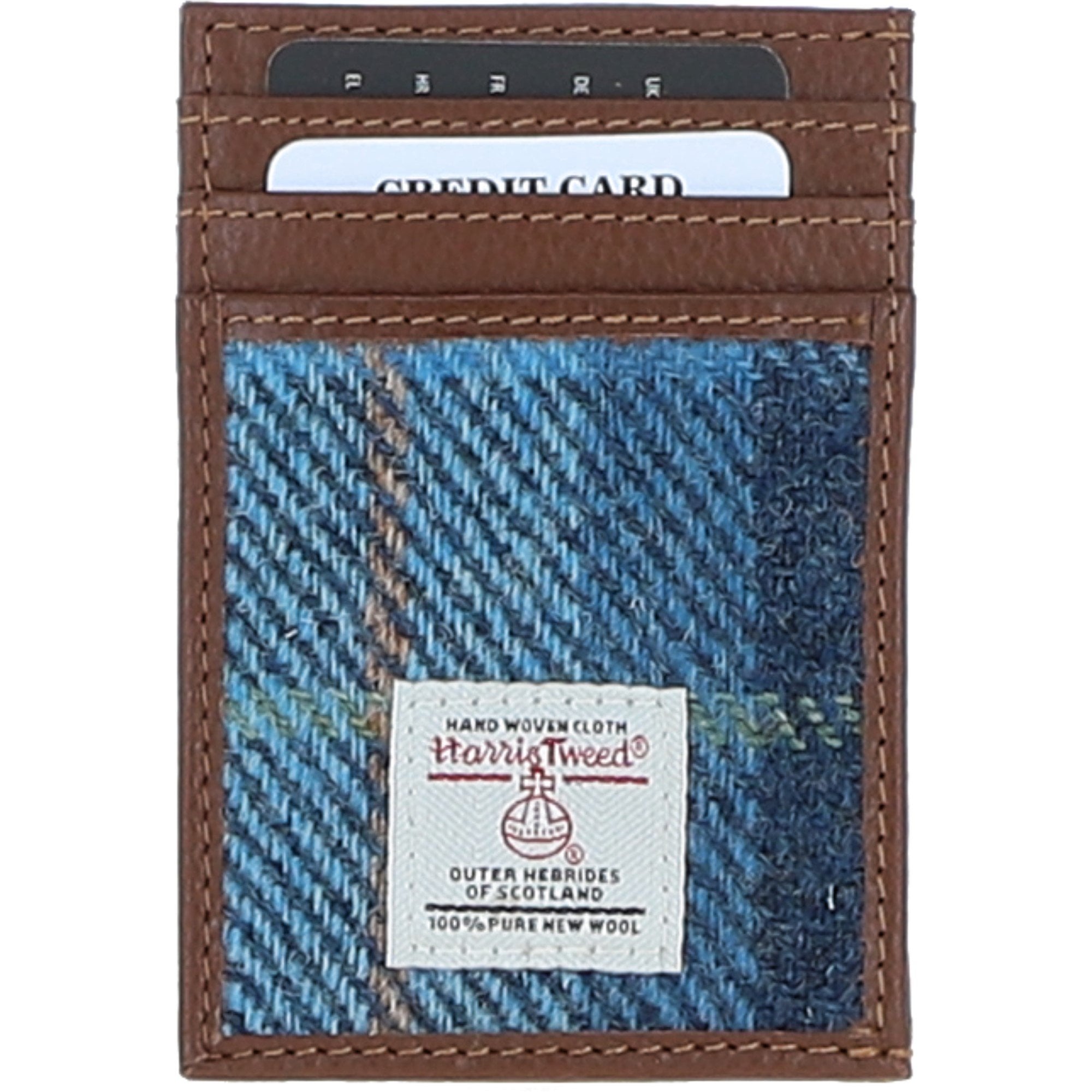Ashwood Leather & Harris Tweed® Cloth Stylish Flat Card Holder Tan/LT Blue: TW-52-05-TB