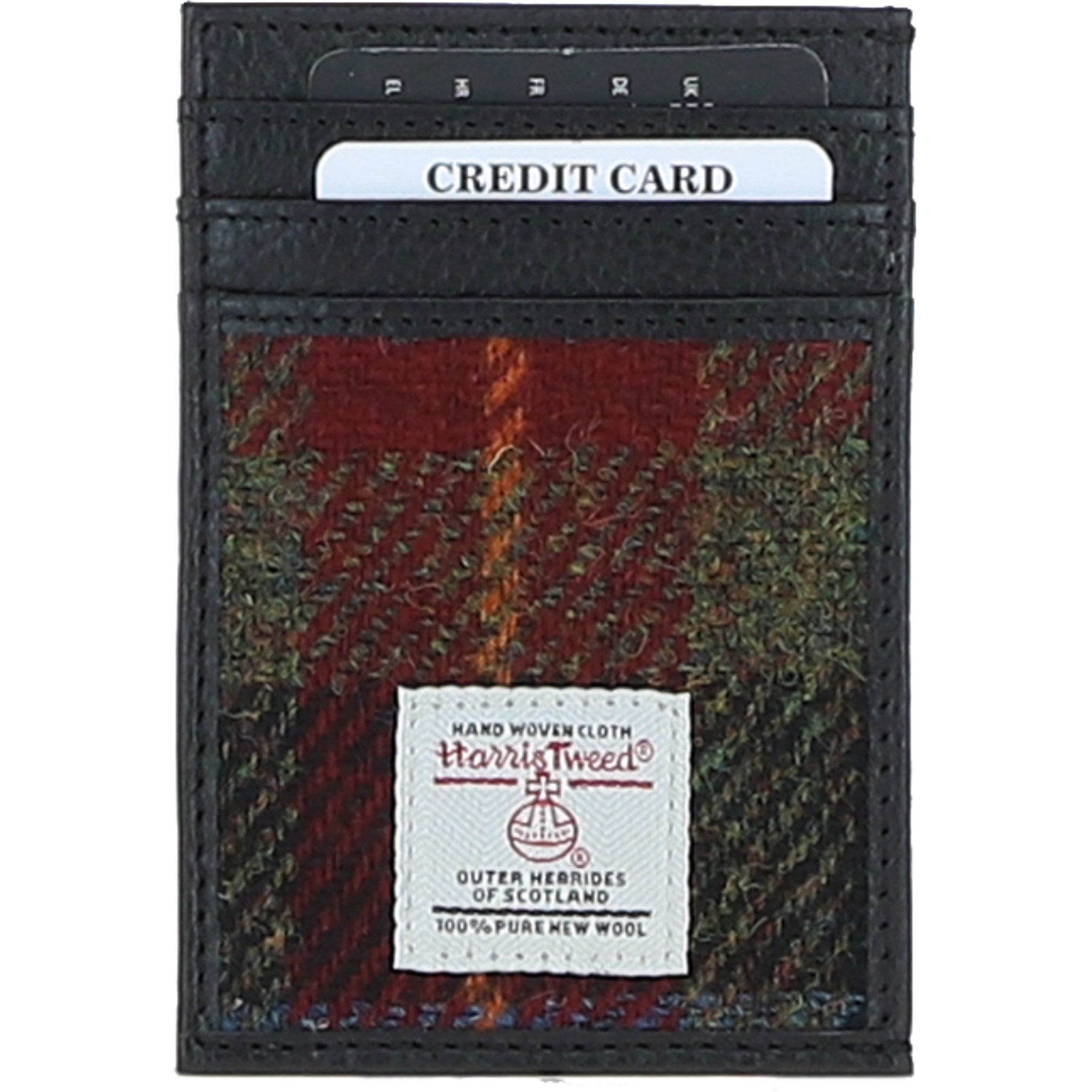 Ashwood Leather & Harris Tweed® Cloth Stylish Flat Card Holder Black/Green/Red: TW-52-07-BR